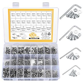 1080pcs Screws Bolts and Nuts and Washers Assortment Set, Metric M4 M3 M2 Stainless Steel Hex Socket Head Cap Screws Kit, Assorted Machine Screws Nuts and Bolts with Washers (1080 Silver)