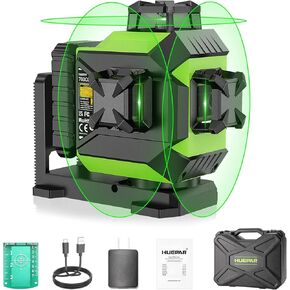 Huepar Laser Level 3 x 360 Self-Leveling Cross Line Laser 3D Green Laser Level with Pulse Mode Alignment Laser Tool with Rechargeable Li-ion Battery, Integrated Magnetic Bracket, Hard Carry Case 703CG