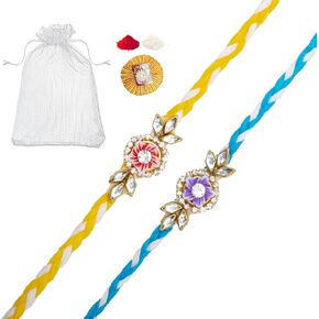 Set of 2 Rakhi for Brother Bhabhi Bhatija Bhaiya Bhai Raksha Bandhan gift Rakhi Thread Rakhi with Roli Chawal and Greeting card gift pack in pouch/Potli bag