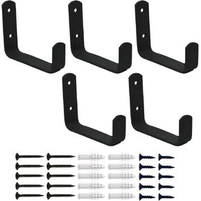 YAPIKAN 5-Pack Black Garage Hooks Wide Prong - Wall Mount Holders for Garden Lawn Tools, Ladders, Bike Hanger - Heavy Duty Utility Steel Wall Hooks for Garage Storage - Farmhouse Rustic Mudroom Hooks