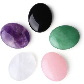 5PCS Healing Crystals and Stones Gemstone Amethyst Rose Quartz Clear Quartz Obsidian Green Aventurine Oval Palm Worry Stone Crystal Sets Reiki Meditation