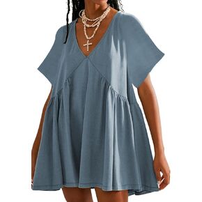 فستان نسائي صيفي قصير كاجوال بأكمام قصيرة فضفاض ورقبة على شكل حرف V مع جيب in Kuwait