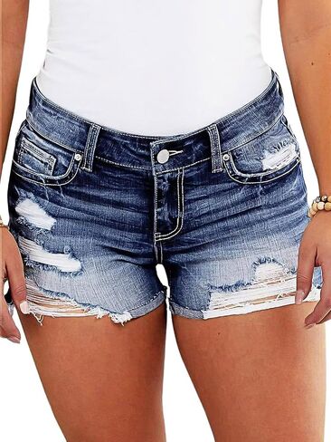 Flamingals Women's Ripped Jean Shorts Distressed Raw Hem Mid Rise Skinny Denim Shorts in Saudi Arabia