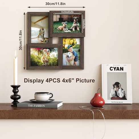 إطارات صور مجمعة مقاس 4x6 من Egofine، مصنوعة من الخشب الصلب، إطار صورة عائلي يعرض أربع صور مقاس 4x6، مغطاة بزجاج شبكي للتعليق على الحائط وسطح الطاولة، أسود in Kuwait