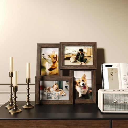 إطارات صور مجمعة مقاس 4x6 من Egofine، مصنوعة من الخشب الصلب، إطار صورة عائلي يعرض أربع صور مقاس 4x6، مغطاة بزجاج شبكي للتعليق على الحائط وسطح الطاولة، أسود in Kuwait