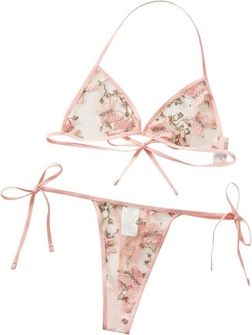 Embroidered Honeymoon Lingerie For Women Halter Neck Non Padded Bra & V-Strings, Womens Lingerie Set & Underwear in Kuwait