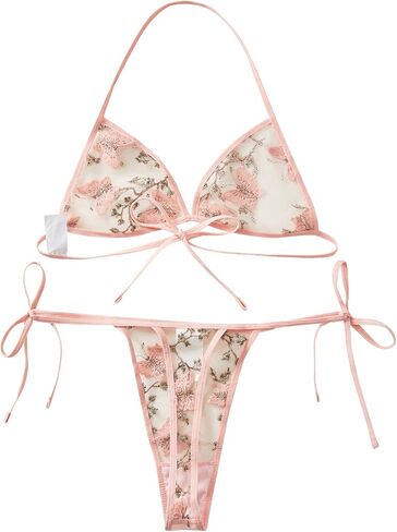 Embroidered Honeymoon Lingerie For Women Halter Neck Non Padded Bra & V-Strings, Womens Lingerie Set & Underwear in Kuwait
