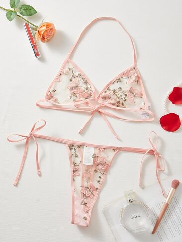 Embroidered Honeymoon Lingerie For Women Halter Neck Non Padded Bra & V-Strings, Womens Lingerie Set & Underwear in Kuwait