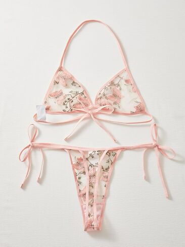 Embroidered Honeymoon Lingerie For Women Halter Neck Non Padded Bra & V-Strings, Womens Lingerie Set & Underwear in Kuwait