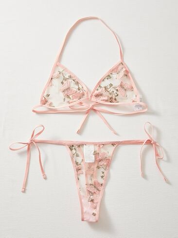 Embroidered Honeymoon Lingerie For Women Halter Neck Non Padded Bra & V-Strings, Womens Lingerie Set & Underwear in Kuwait