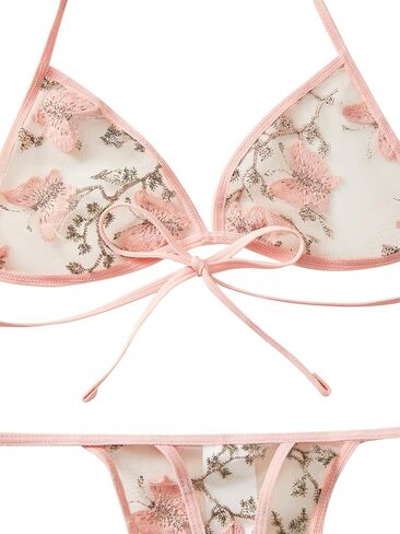 Embroidered Honeymoon Lingerie For Women Halter Neck Non Padded Bra & V-Strings, Womens Lingerie Set & Underwear in Kuwait