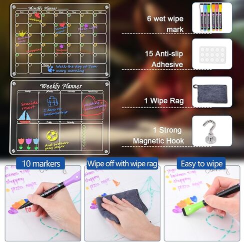 Acrylic Magnetic Dry Erase Board for Fridge, Magnetic Calendar Whiteboard for Refrigerator with 3 Markers, Menu Board Weekly Monthly, Meal Planner, Clear Planning Notepad in Saudi Arabia