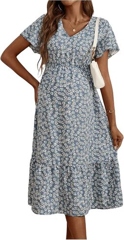 MakeMeChic Women's Maternity Dress Summer Ditsy Floral V Neck Short Sleeve A Line Swing Midi Dress in Saudi Arabia