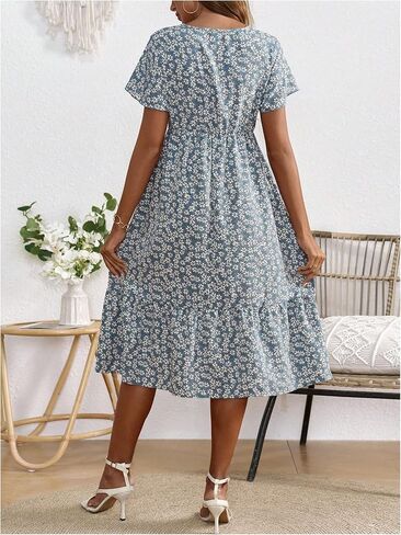 MakeMeChic Women's Maternity Dress Summer Ditsy Floral V Neck Short Sleeve A Line Swing Midi Dress in Saudi Arabia