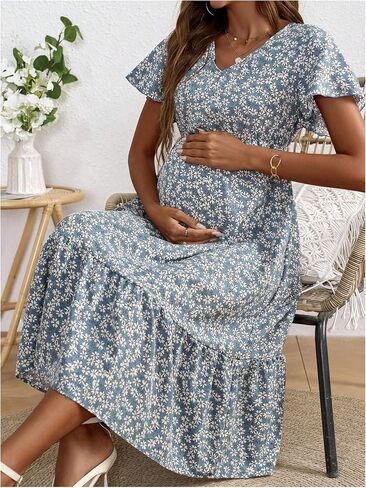 MakeMeChic Women's Maternity Dress Summer Ditsy Floral V Neck Short Sleeve A Line Swing Midi Dress in Saudi Arabia