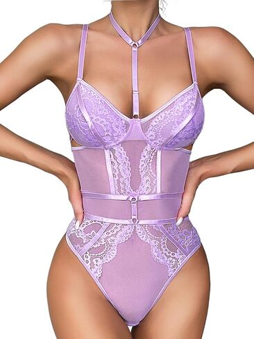 Snap Crotch Choker Lingerie, Floral Lace One Piece Sleeveless Bodysuit in Saudi Arabia