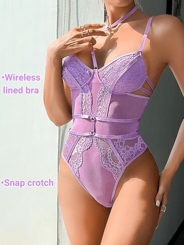 Snap Crotch Choker Lingerie, Floral Lace One Piece Sleeveless Bodysuit in Saudi Arabia
