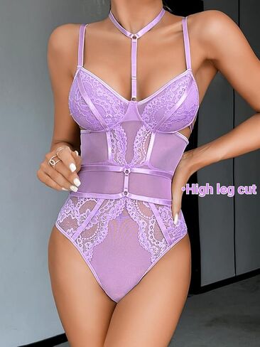 Snap Crotch Choker Lingerie, Floral Lace One Piece Sleeveless Bodysuit in Saudi Arabia