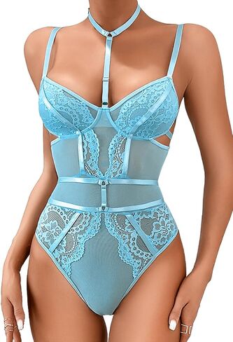 Snap Crotch Choker Lingerie, Floral Lace One Piece Sleeveless Bodysuit in Saudi Arabia