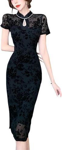 Elegent Chinese Cheongsam Mandarin Collar Floral Long Sleeve Midi Bodycon Dress Party Qipao Costume in Saudi Arabia