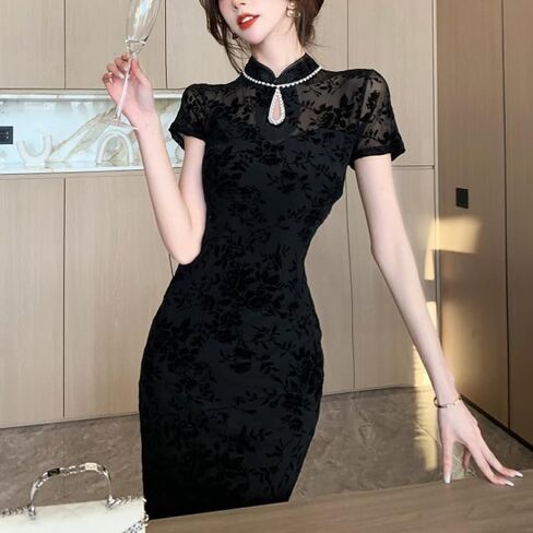 Elegent Chinese Cheongsam Mandarin Collar Floral Long Sleeve Midi Bodycon Dress Party Qipao Costume in Saudi Arabia