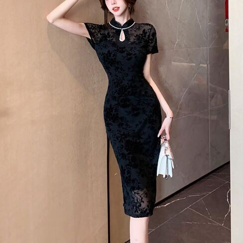 Elegent Chinese Cheongsam Mandarin Collar Floral Long Sleeve Midi Bodycon Dress Party Qipao Costume in Saudi Arabia
