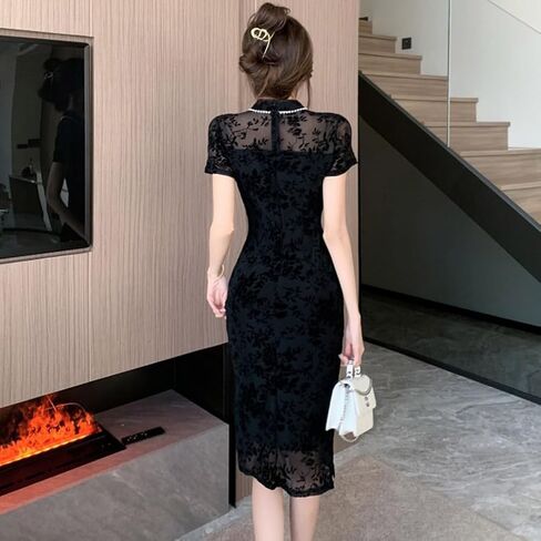 Elegent Chinese Cheongsam Mandarin Collar Floral Long Sleeve Midi Bodycon Dress Party Qipao Costume in Saudi Arabia