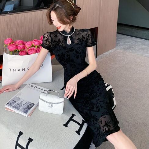 Elegent Chinese Cheongsam Mandarin Collar Floral Long Sleeve Midi Bodycon Dress Party Qipao Costume in Saudi Arabia