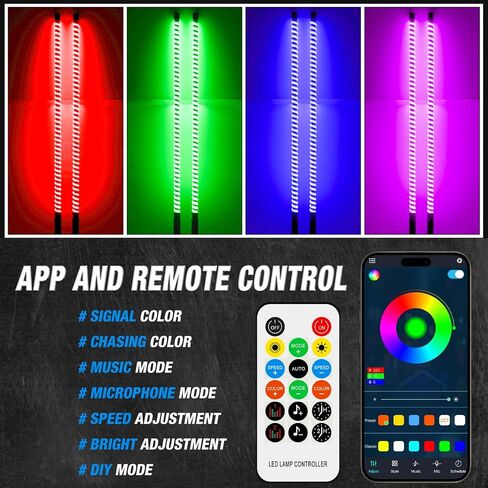 مصابيح سوط LED COB بطول 1 قدم من DREAMIZER مع قاعدة زنبركية، ضوء سوط مع تطبيق وجهاز تحكم عن بعد، سياط مضاء لمطاردة RGB حلزوني مع مفتاح هزاز، ضوء سوط موسيقي لـ UTV ATV SXS RZR والمزيد in Kuwait