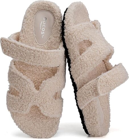 Womens Fuzzy H-Band Slippers Faux Shearling Open Toe Slide Sandal Adjustable House Shoes Wide Width in Saudi Arabia