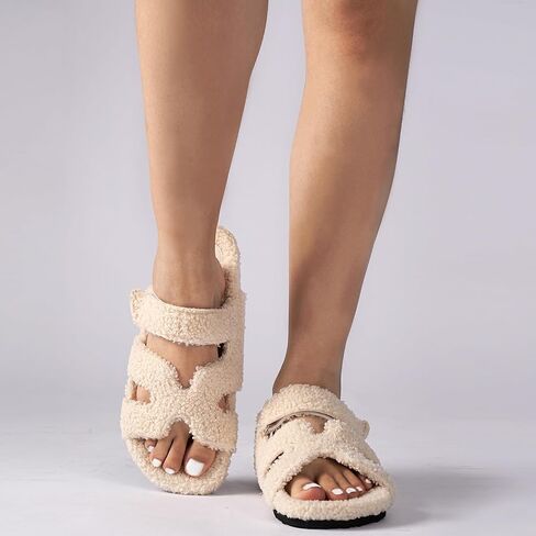 Womens Fuzzy H-Band Slippers Faux Shearling Open Toe Slide Sandal Adjustable House Shoes Wide Width in Saudi Arabia