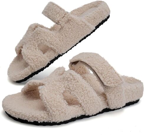 Womens Fuzzy H-Band Slippers Faux Shearling Open Toe Slide Sandal Adjustable House Shoes Wide Width in Saudi Arabia