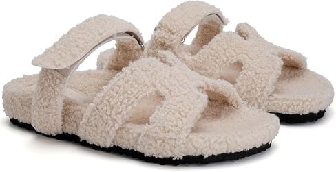 Womens Fuzzy H-Band Slippers Faux Shearling Open Toe Slide Sandal Adjustable House Shoes Wide Width in Saudi Arabia