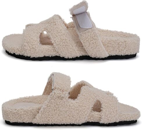 Womens Fuzzy H-Band Slippers Faux Shearling Open Toe Slide Sandal Adjustable House Shoes Wide Width in Saudi Arabia
