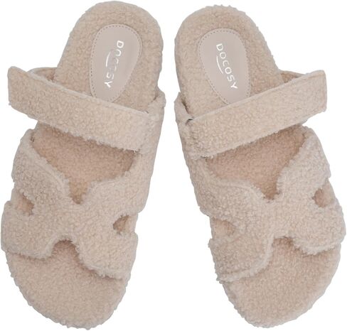 Womens Fuzzy H-Band Slippers Faux Shearling Open Toe Slide Sandal Adjustable House Shoes Wide Width in Saudi Arabia