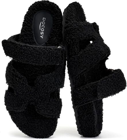 Womens Fuzzy H-Band Slippers Faux Shearling Open Toe Slide Sandal Adjustable House Shoes Wide Width in Saudi Arabia