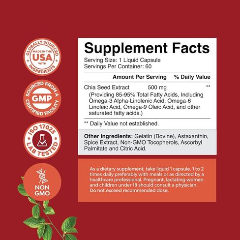 مكمل زيت بذور الشيا لفقدان الوزن والطاقة، معزز استقلاب البروتين الطبيعي الفائق للرجال والنساء - فيتامينات التربتوفان المضادة للأكسدة، أوميغا 3، الأحماض الدهنية، 60 حصة لكل حاوية in Kuwait