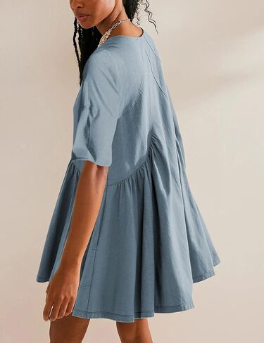 فستان نسائي صيفي قصير كاجوال بأكمام قصيرة فضفاض ورقبة على شكل حرف V مع جيب in Kuwait