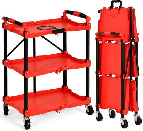 YITAHOME Folding Service Cart with Wheels, 3 Shelf Rolling Foldable Utility Cart, Heavy Duty Collapsible Tool Cart 300LBS, Portable Folding Food Cart for Home Kitchen Garage Restaurant Storage Black in Saudi Arabia