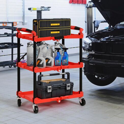 YITAHOME Folding Service Cart with Wheels, 3 Shelf Rolling Foldable Utility Cart, Heavy Duty Collapsible Tool Cart 300LBS, Portable Folding Food Cart for Home Kitchen Garage Restaurant Storage Black in Saudi Arabia