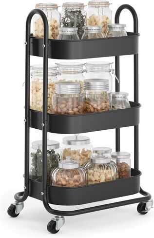 EAGMAK 3 Tier Rolling Cart, Round Metal Utility Cart with Lockable Wheels, Storage Cart Organizer Trolley with Mesh Shelves for Living Room, Kitchen, Bedroom, Office(White) in Saudi Arabia
