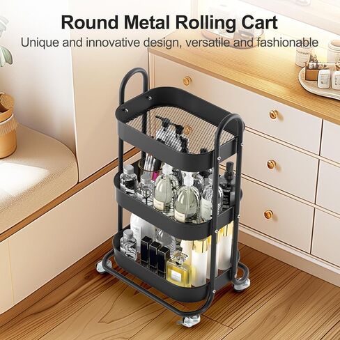 EAGMAK 3 Tier Rolling Cart, Round Metal Utility Cart with Lockable Wheels, Storage Cart Organizer Trolley with Mesh Shelves for Living Room, Kitchen, Bedroom, Office(White) in Saudi Arabia