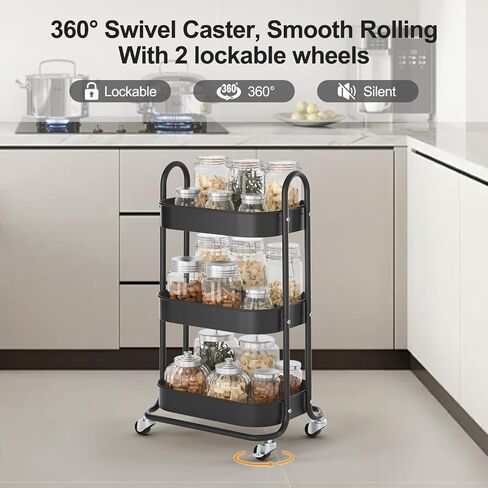 EAGMAK 3 Tier Rolling Cart, Round Metal Utility Cart with Lockable Wheels, Storage Cart Organizer Trolley with Mesh Shelves for Living Room, Kitchen, Bedroom, Office(White) in Saudi Arabia