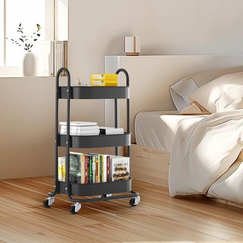 EAGMAK 3 Tier Rolling Cart, Round Metal Utility Cart with Lockable Wheels, Storage Cart Organizer Trolley with Mesh Shelves for Living Room, Kitchen, Bedroom, Office(White) in Saudi Arabia