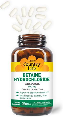 Country Life Betaine Hydrochloride with Pepsin, 600mg, 100 Tablets, Certified Gluten Free in Kuwait