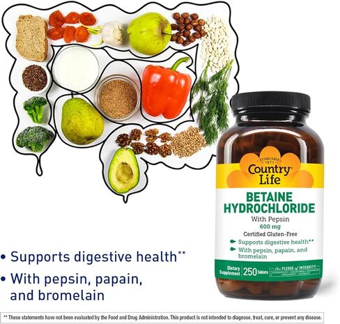 Country Life Betaine Hydrochloride with Pepsin, 600mg, 100 Tablets, Certified Gluten Free in Kuwait