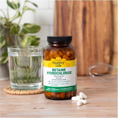 Country Life Betaine Hydrochloride with Pepsin, 600mg, 100 Tablets, Certified Gluten Free in Kuwait
