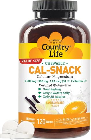 Country Life Cal-Snack، كالسيوم قابل للمضغ، مغنيسيوم مع فيتامين د، 1000 مجم/500 مجم/50 وحدة دولية، خالي من منتجات الألبان، نكهة الفانيليا والبرتقال، 120 رقاقة، خالي من الغلوتين، نباتي معتمد in Kuwait