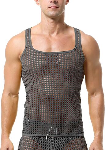 Men's Sleeveless Mesh Tank Tops Vest See Through Shirts Muscle Fitted Fishnet Hollow Out Vest Undershirt in Saudi Arabia