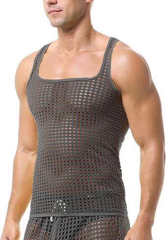 Men's Sleeveless Mesh Tank Tops Vest See Through Shirts Muscle Fitted Fishnet Hollow Out Vest Undershirt in Saudi Arabia